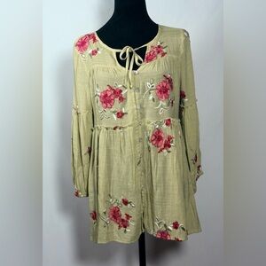 Olive Hill, Floral Embroidered Baby Doll Top With Long Sleeves Size Medium